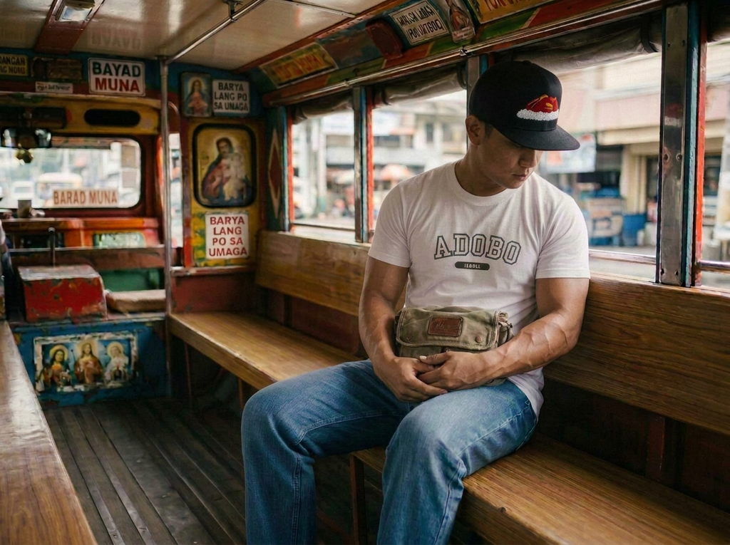 Man wearing a white Adobo graphic t-shirt and black adobo embroidered snapback hat sitting inside a colorful jeepney.