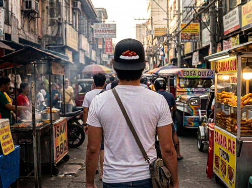 Black snapback hat featuring a back-embroidered adobo over white rice graphic, worn facing backward in a bustling Manila street market.