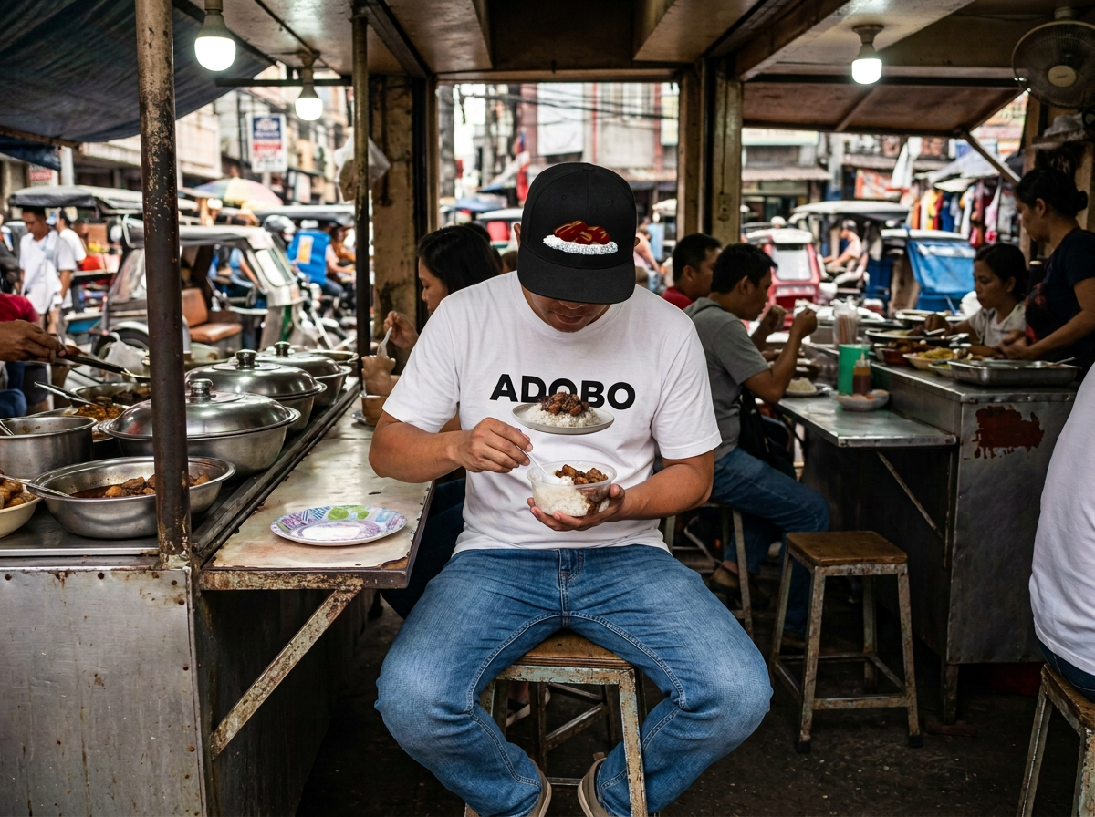 Man eating adobo rice in a white 'ADOBO' graphic t-shirt and adobo-themed hat, in an open-air Manila carinderia (food stall)