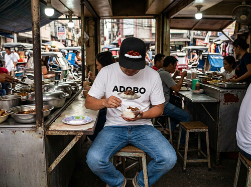 Man eating adobo rice in a white 'ADOBO' graphic t-shirt and adobo-themed hat, in an open-air Manila carinderia (food stall)