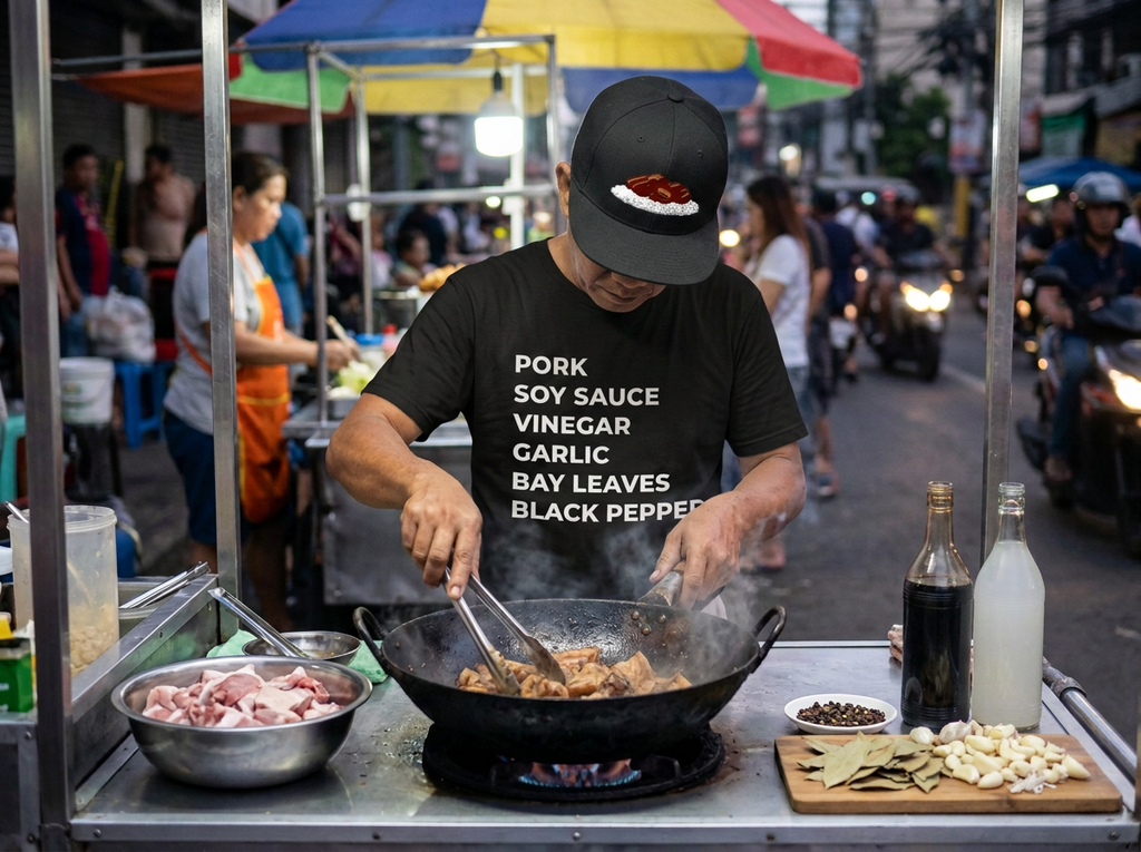 Black adobo recipe graphic t-shirt listing pork, soy sauce, vinegar, garlic, bay leaves, black pepper, worn with a black adobo rice embroidered snapback hat at a Filipino street food stall.