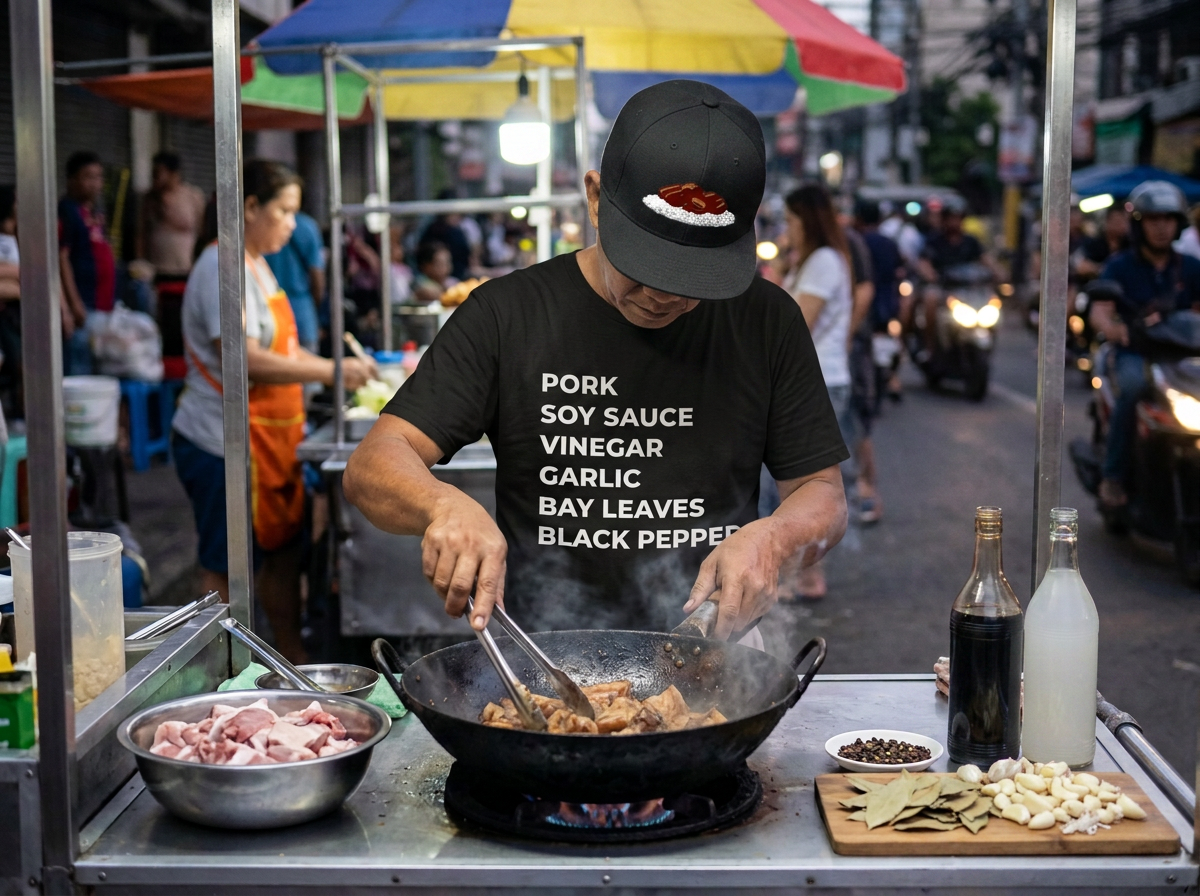 Black adobo recipe graphic t-shirt listing pork, soy sauce, vinegar, garlic, bay leaves, black pepper, worn with a black adobo rice embroidered snapback hat at a Filipino street food stall.